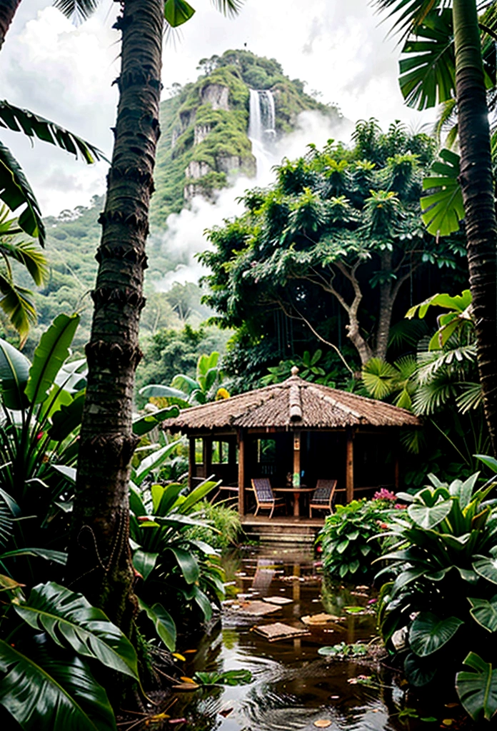 Tropical jungle in a rainstorm, realistic, 