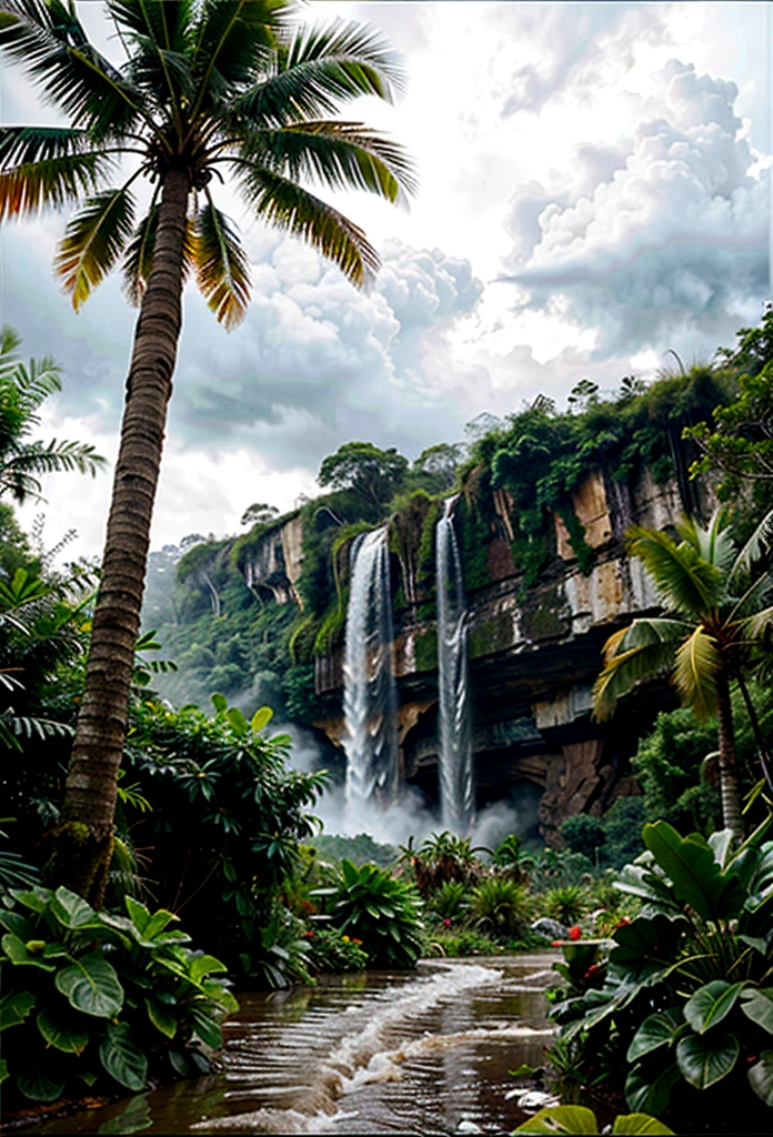 Tropical jungle in a rainstorm, realistic, 