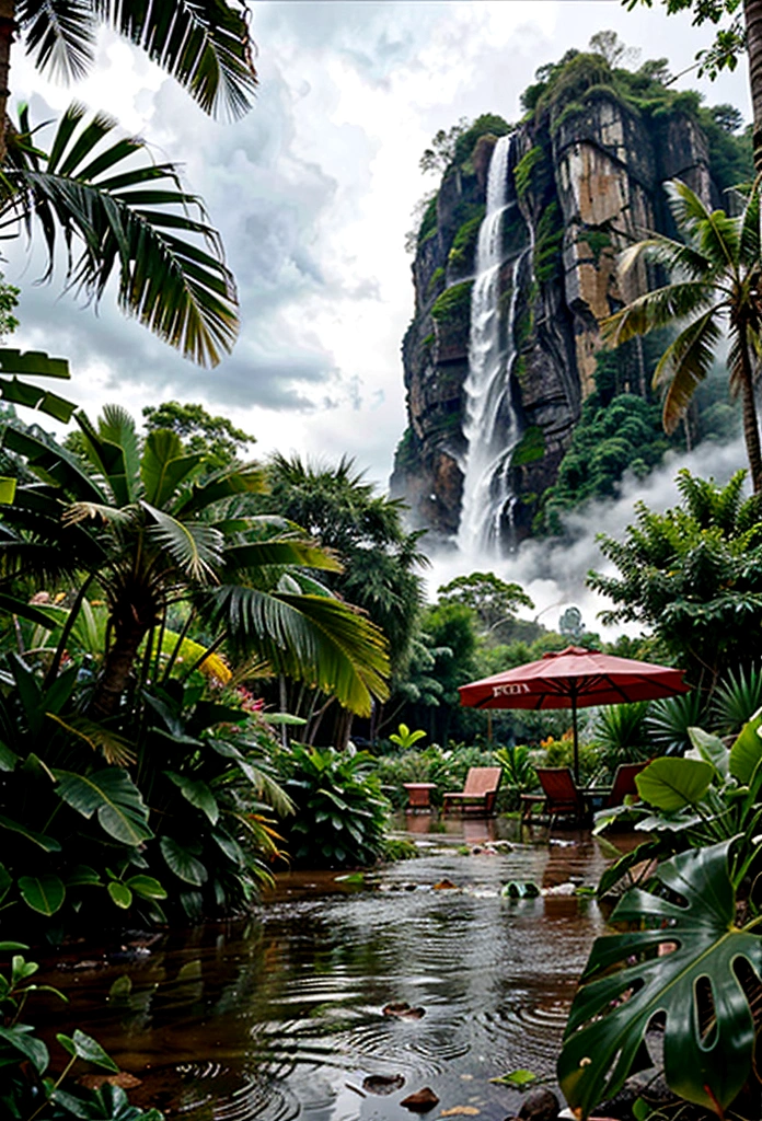 Tropical jungle in a rainstorm, realistic,