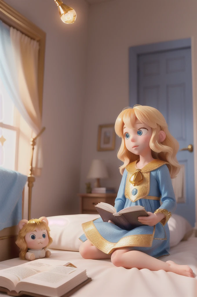 there is a with golden hair with beautiful and big brown eyes with white sparkles, she is in her room, while she is holding a book with a golden cover, she is sitting on the bed, and from the book emanates a golden light (( the book is magic)) the blue light emanates from the pages of the book, ((the blue light reflects on the little girl's face)), the book is color golden, is night and the only light is light from book((,particelle multiple shiny light from book)) ((fluo golden light from pages book)) long hair, she is a 6 years, with a little pizie front here