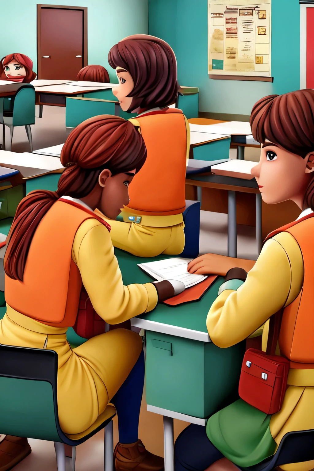 estudiantes adolescentes con uniforme de pueblos de diferentes etnias en un aula de clase sentados