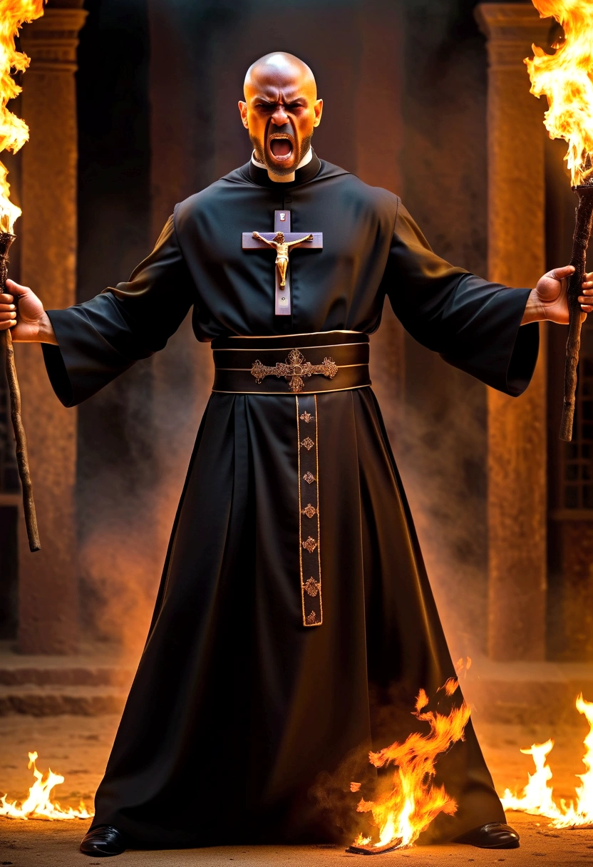 Create an image with a muscular, maromba priest in a cassock tearing up with so much muscle, the priest has an angry expression on his face, he is in a pose of exposure with a crucifix in his hand, expelling demons with a background of fire, the desperate demon ful hd