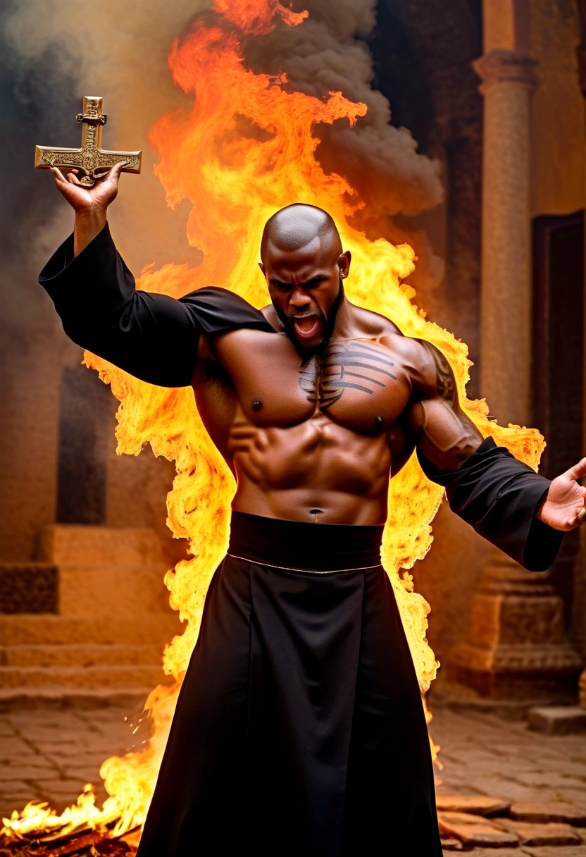 Create an image with a muscular, maromba priest in a cassock tearing up with so much muscle, the priest has an angry expression on his face, he is in a pose of exposure with a crucifix in his hand, expelling demons with a background of fire, the desperate demon ful hd