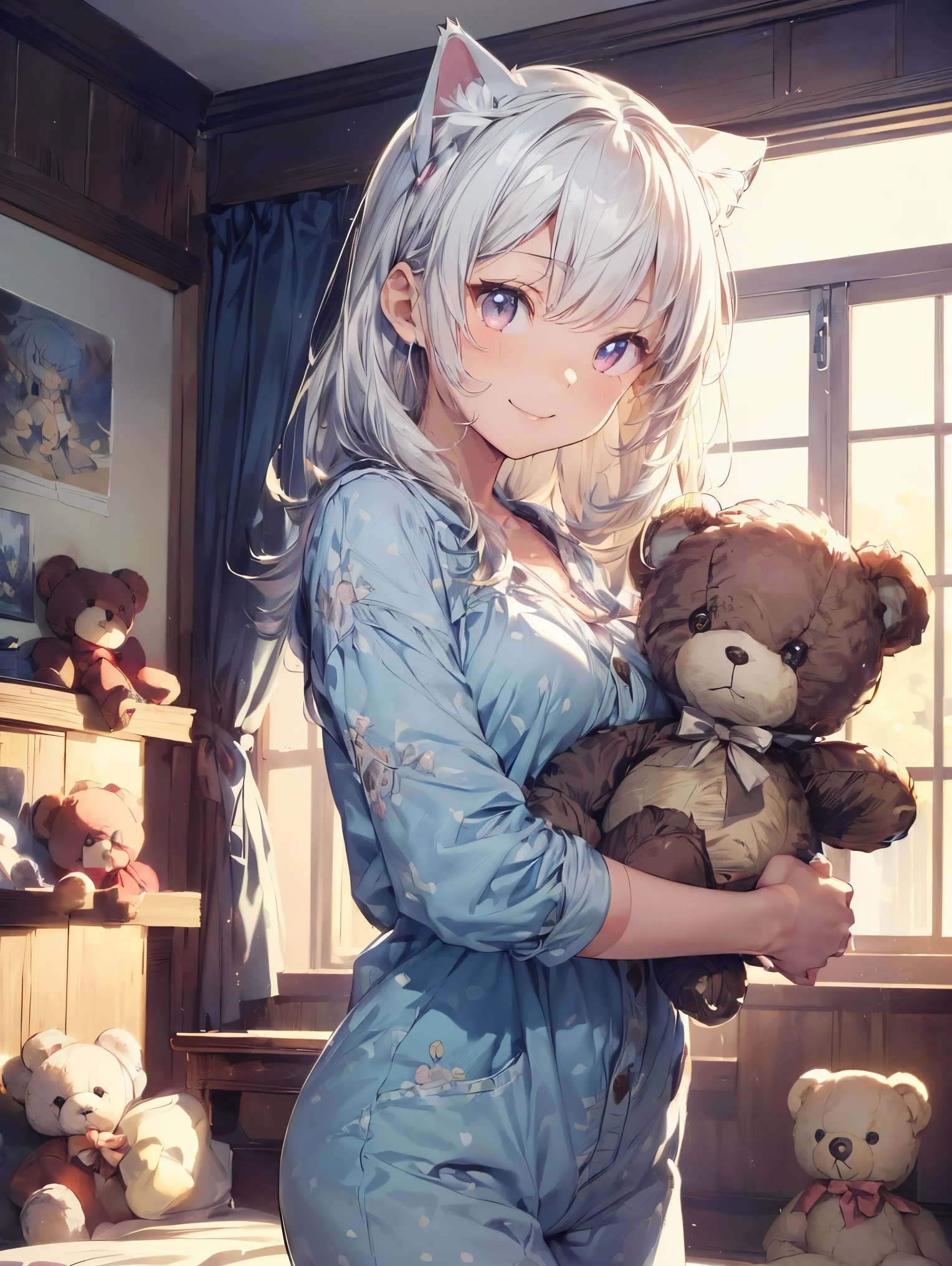 shota boy, holding a teddy bear doll, in room