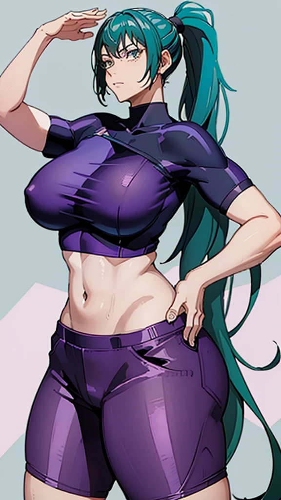 ((best quality)), ((masterpiece)), (detailed), perfect face, purple top, crop top, purple fitted dolphin shorts, huge breasts, huge ass , green hair, pony tail