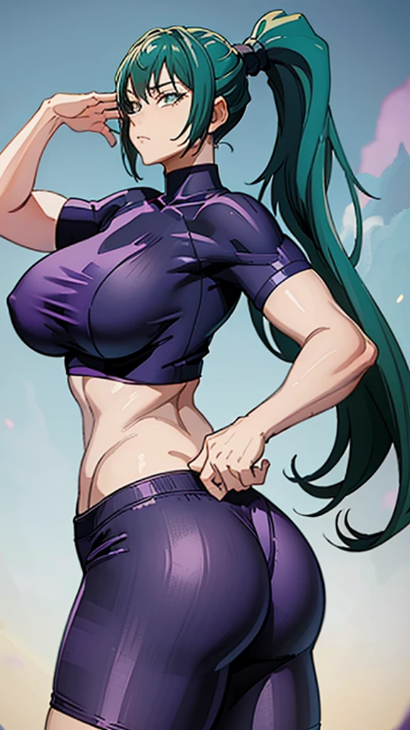 ((best quality)), ((masterpiece)), (detailed), perfect face, purple top, crop top, purple fitted dolphin shorts, huge breasts, huge ass , green hair, pony tail