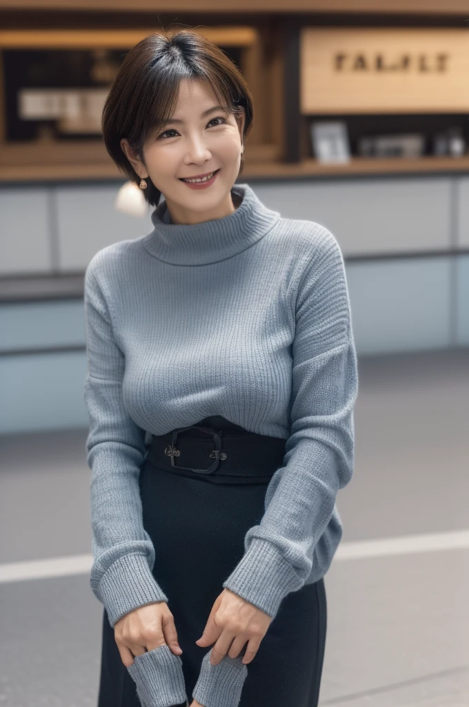 ((Best Quality, 8K, masutepiece :1.3)), Sharp Focus :1.2, beautiful mature women, 48yo, A MILF, ((Loose knit shirt)), downbrouse, ((Leaning forward)), (Huge breasts), (Smile:1.15), Highly detailed face and skin texture, Detailed eyes, (Round face:1.4), Shop at the morning market1.5、Capturing the whole body from a distance2.0