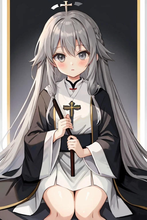 anime young girl with long grey hair and grey eyes wearing priest robes