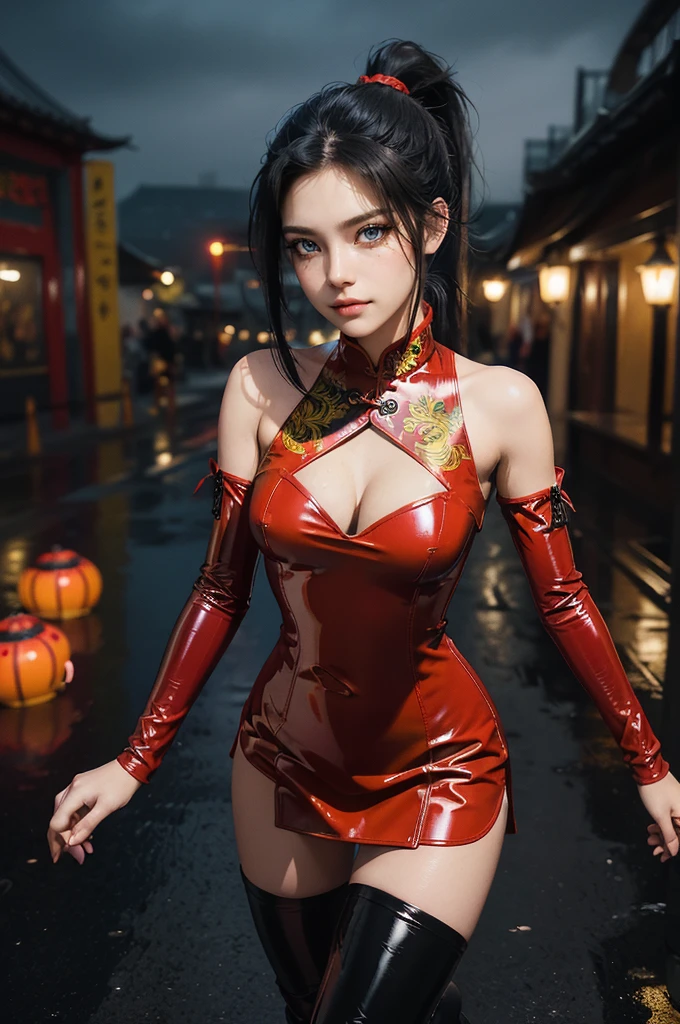 (RAW photo, best quality), Cute girl with short black hair, (ponytail), (city roof at night background), low light , dark eyeliner, innocent smile, gorgeous face , super cute, 18 years old , young looking, hyper detailed face, dark eyeliner, (medium breast), (thin waist, super slender), (bare shoulders, (exposed hips), skintight and red PVC qipao short dress with yellow dragon decoration and vivid patterns, deep black leather thigh high boots, red PVC arm sleeves with yellow flower decorations and vivid patterns, cleavage, hands on waist, one leg in front of the other