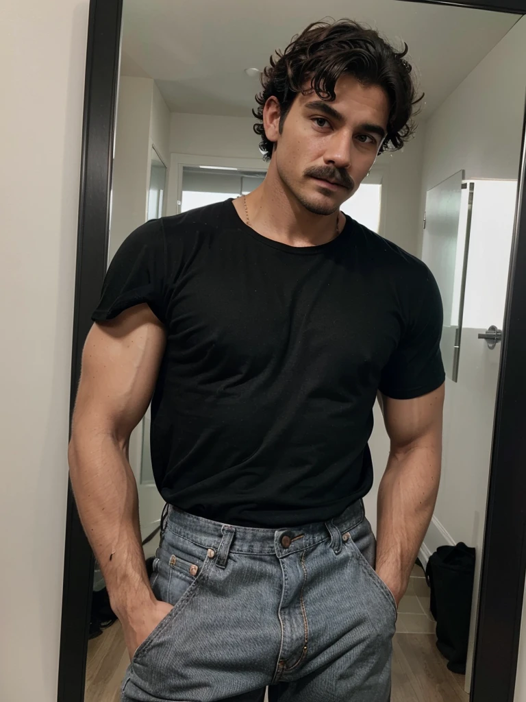 Handsome man , light mustache, hot muscular body , medium curly hair , mirror selfie, best quality like its taken by iPhone 12 , wearing black baggy jeans and black shirt