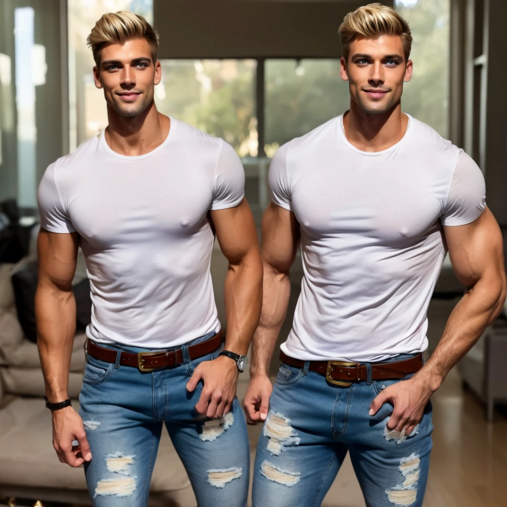 A tall handsome fit guy with blue gold eyes, full lips and dimples short dark blonde hair tan skin wearing a white muscle shirt with blue jeans and a belt 