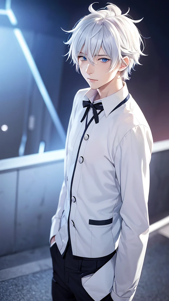 anime boy with white hair and blue eyes staring at the camera, anime guy with blue eyes, kaworu nagisa, young anime man, white haired, male anime character, anime boy, white-haired, nagito komaeda, anime handsome man, male anime style, cute natural anime face, anime character