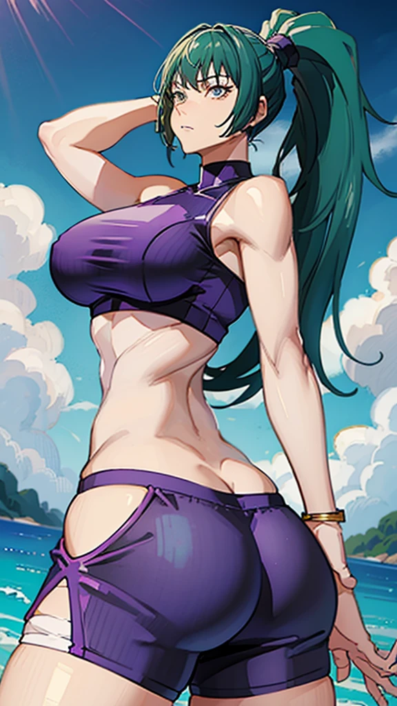 ((best quality)), ((masterpiece)), (detailed), perfect face, purple top, crop top, purple fitted dolphin shorts, huge breasts, huge ass , green hair, pony tail