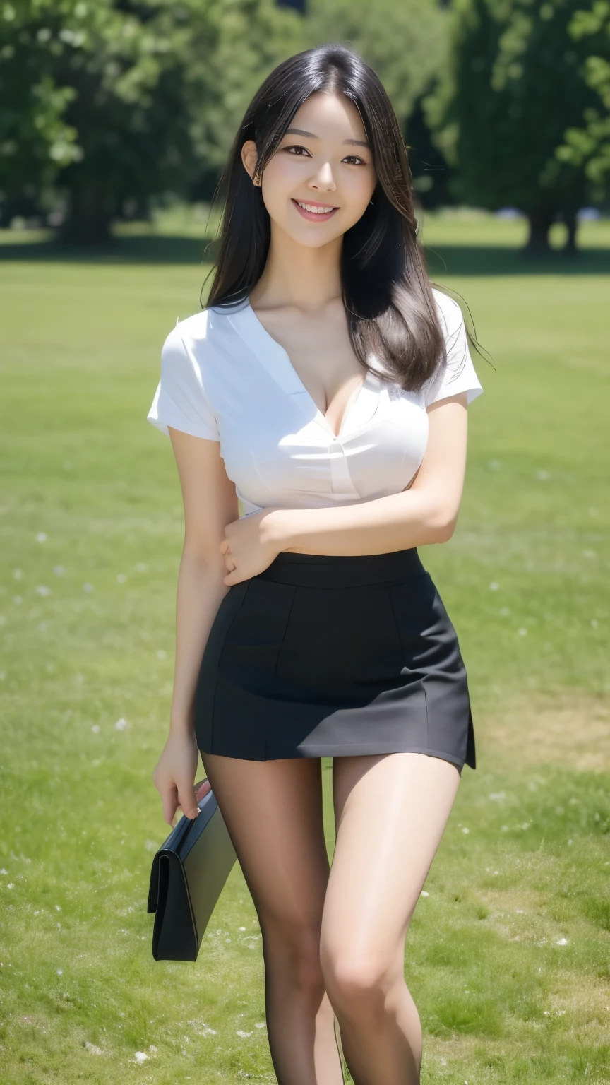 Show entire body, feet in view, (8k, RAW Photo, Best Quality, Masterpiece,: 1.2), (Realistic, Realistic: 1.37), (1 Girl, Solo Exhibition: 1.3), Office Girl 24 years old Japanese girl, short skirt, sheer black pantyhose, huge tits, she isn’t wearing shoes, standing in a field, exposed cleavage, public park, smiling, eyes closed