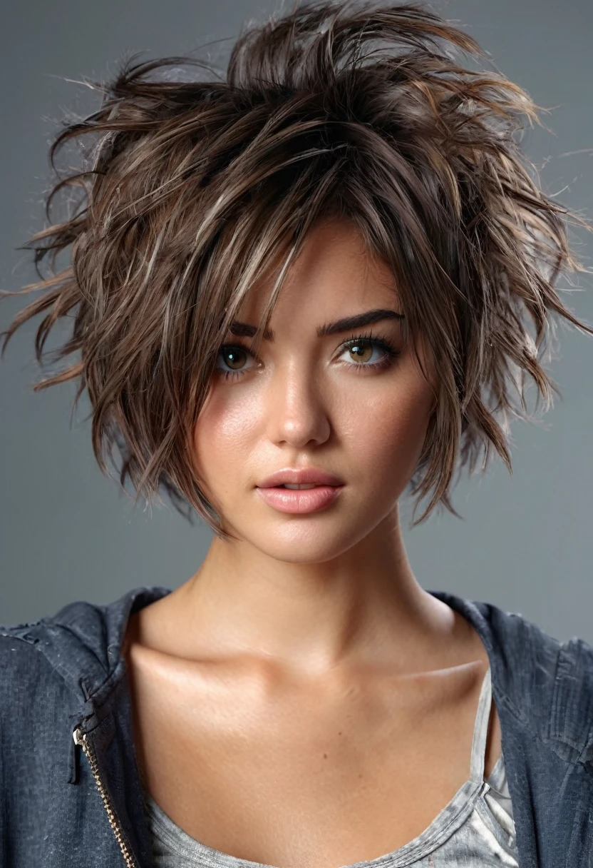 Photorealistic, cute woman with messy hair and tattered clothes, cute sexy, ), ultra sharp focus, detailed face, (((posing))), random hair color, short hair, beautiful eyes, full body, high quality photo, depth of field, film grain