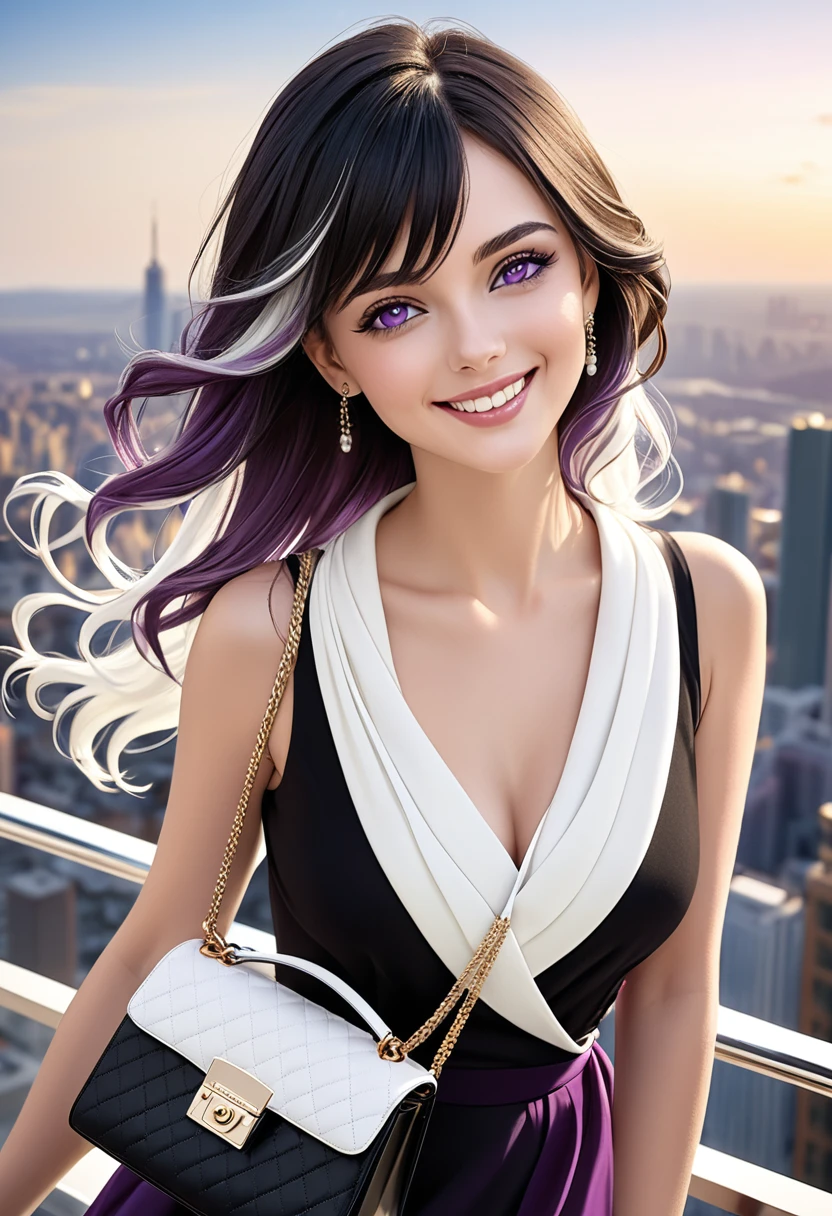 ((best quality)), ((masterpiece)), (detailed), 1girl, late 20s beautiful woman with bright (purple eyes) looking at viewer, smiling smugly, black sleeveless dress, two-tone hair, long wavy ombre hair ((black into white 1:2)), city background, from downwards, purple shawl, designer handbag, luxury