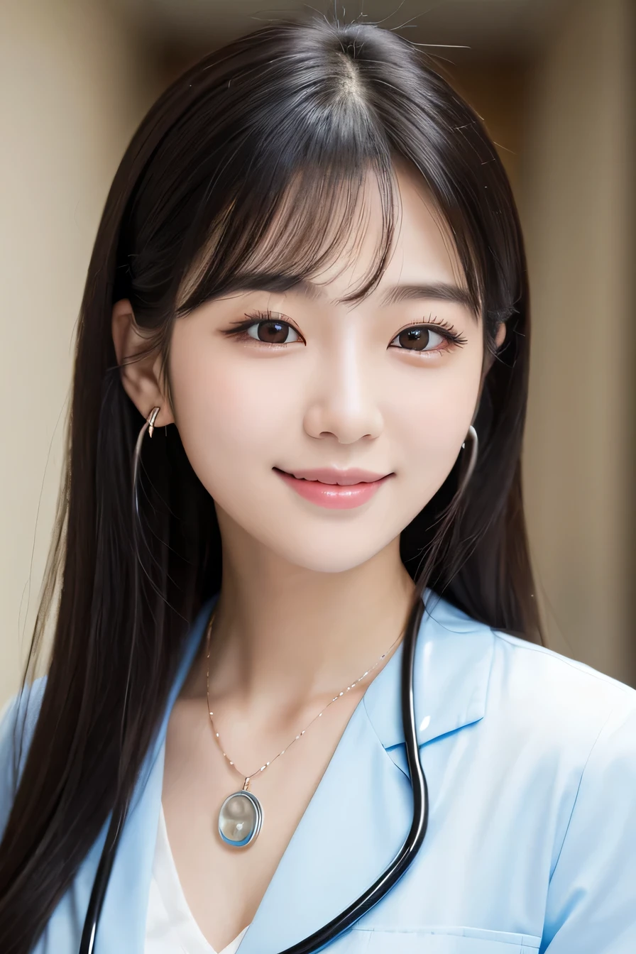 Beautiful young woman、 Korean women、Black Hair、Necklace around the neck、White、Stethoscope、hairstyle semi long、smile、Please open your mouth a little、Intricate details, Very detailed:1.2), 、 Looking into the camera,The background is a hospital corridor.、ear piercing
