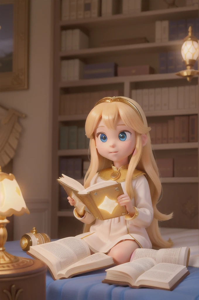 there is a with golden hair with beautiful and big brown eyes with white sparkles, she is in her room, while she is holding a book with a golden cover, she is sitting on the bed, and from the book emanates a golden light (( the book is magic)) the blue light emanates from the pages of the book, ((the blue light reflects on the little girl's face)), the book is color golden, is night and the only light is light from book((,particelle multiple shiny light from book)) ((fluo golden light from pages book)) long hair, she is a 6 years, ((she is in the library)) in the library she is already holding a book that shines in gold