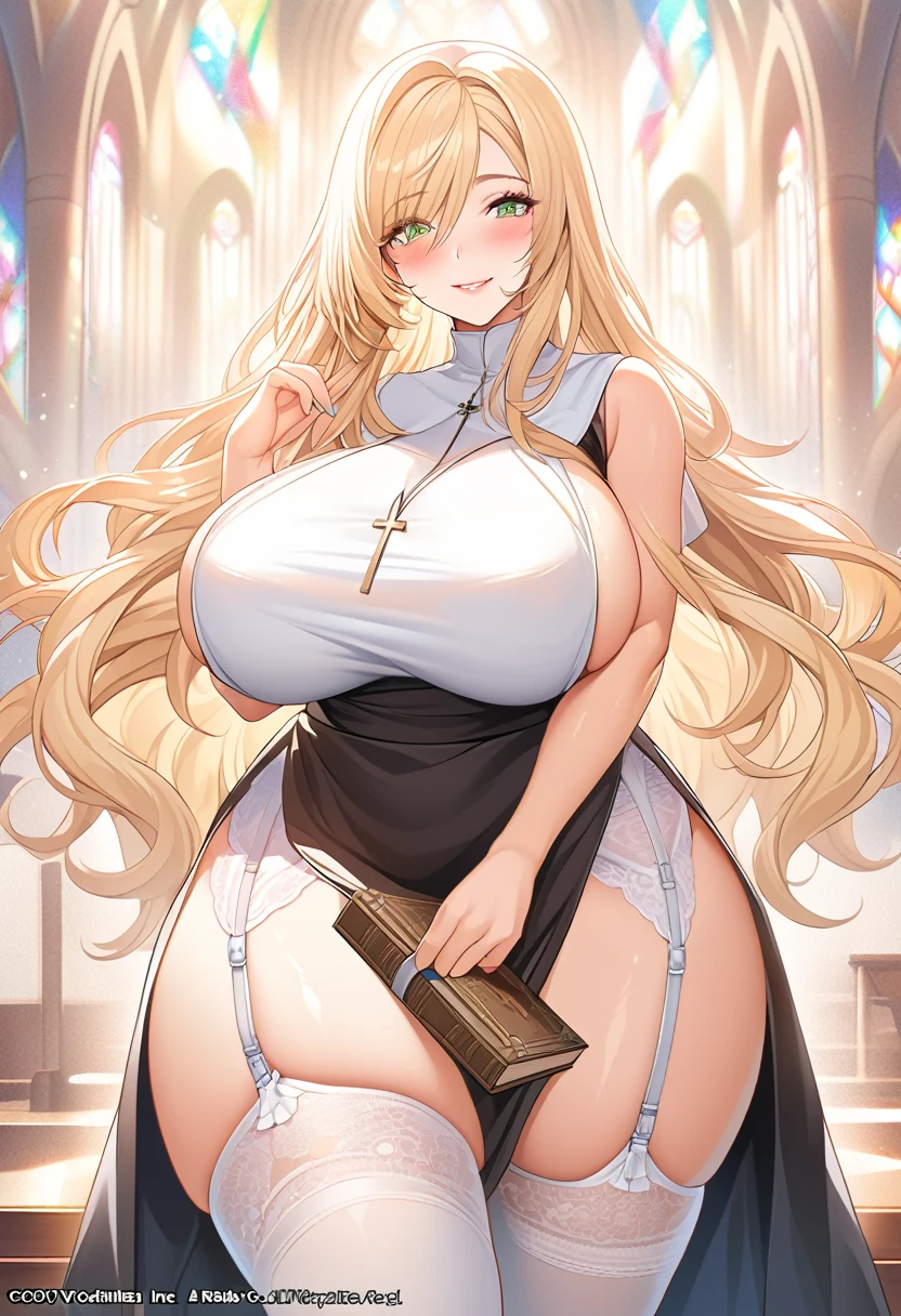 masterpiece, Highest quality, Official Art, Highly detailed CG Unity 8k wallpaper, Detailed Background, (Handcrafted by Guido Daniele), (Finger details), Mature Girl 1, (Curvy), (Nuns), (Bible in hand, A book with a cross on the cover:1.12), (standing in church), (Nuns gown:1.12), (Chest Curtain:1.12), (Nuns skirt:1.11), (White Garter Straps Garter Belt:1.12), (Blonde long hair:1.12), (Hair Intake:1.12), (Green Eyes:1.2), blush, (Loving smile, holy smile), (Huge breasts:1.5), (Long chest, Saggy breasts:1.3), (Let go of my chest), Tight waist, Shiny skin, (Cross Necklace), indoor, (Sacred Scene), (church:1.11), (Sunlight streaming through stained glass),sagging breasts,milf,nun,sideboob,underboob,breast focus、Sit back、Sit with your legs apart、Bow-legged、(thigh focus:1.3)