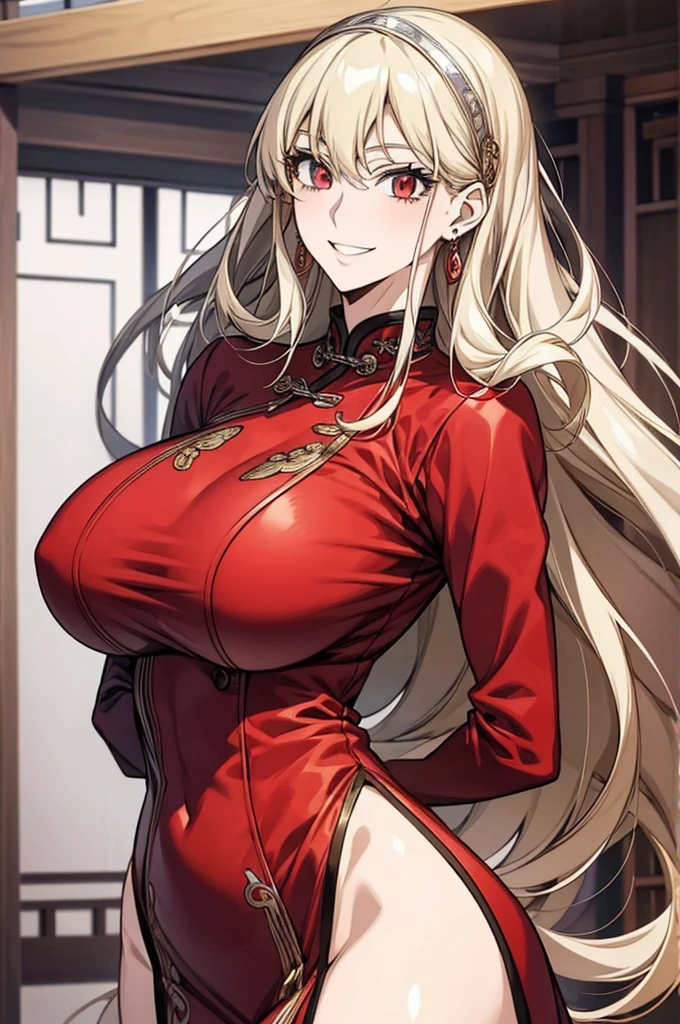 (art: 1.2), (best quality: 1.2) 1 woman, , tall (1.85), appeared to be around 25 years old, had long blonde hair, straight hair with curled ends, blood-red eyes like a ruby , extremely detailed eyes, perfect eyes, extremely realistic eyes, well-aligned eyes, long eyelashes, anime style, perfect face, milf f smiling happily, happy smile is contagious, full lips, smiling, mature, fan, natural body, BODY SEXY, milf body,rfect s, detailed hands, hands well proportioned to the body, realistic hands, arms with good anatomy, she only wore a red dress decorated in gold and silver that still couldn't hide her extremely large and huge breasts that hung down his size, thick thighs, wide hips, looking at the viewer, background scene, scene of a Chinese-style pavilion, posing alone Looking at the viewer