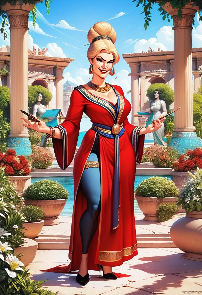 Score_9, score_8_up, score_7_up, crayon art, disney art style, mature face, black eyeliner, red lipstick, rough scetch, beautiful woman, (full body shot), A gorgeous Greek woman wearing a Toga, ancient Greece background, blonde hair, hair in bun, freckles, smirking, accessories, standing in garden