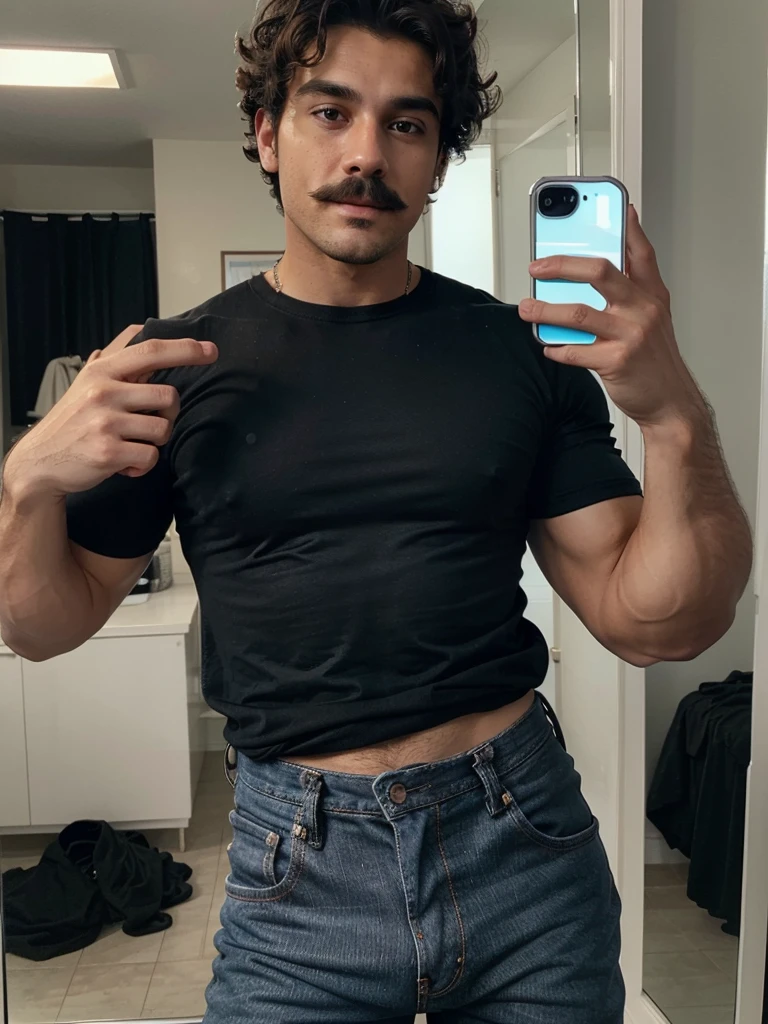 Handsome man , light mustache, hot muscular body , medium curly hair , mirror selfie, best quality like its taken by iPhone 12 , wearing black baggy jeans and blue t shirt