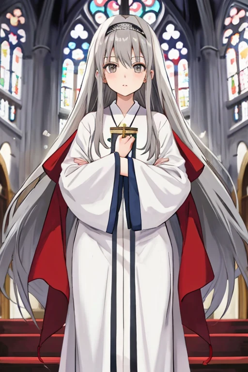 anime girl with long grey hair and grey eyes wearing church robes