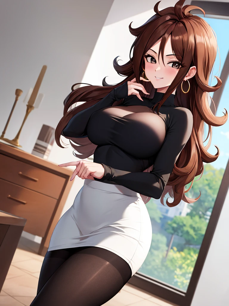 (solo)), masterpiece, best quality, highres, big hips. perfectly round breasts, hourglass body, aaandro, black g-string, brown hair, long hair, curly hair, hoop earrings, wearing a white tshirt, long sleeves, black pencil skirt, black pantyhose, dragon ball, indoors, room, standing, cowboy shot, smile, big window in the background,