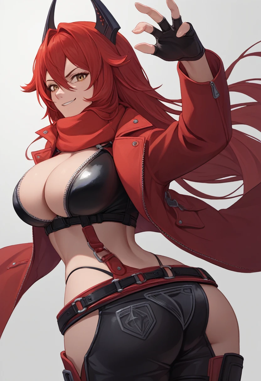 score_9, score_8_up, score_7_up, source_anime BREAK 1girl, solo, nikkeredhood, red hair, long hair, headgear, yellow eyes, red scarf, crop jacket, red jacket, black shrug \(clothing\), navel, midriff, zipper, cleavage, large breasts, fingerless gloves, belt, black pants, asymmetrical legwear, hip vent, ass, from behind, looking back, smirk, looking at viewer, wide hips