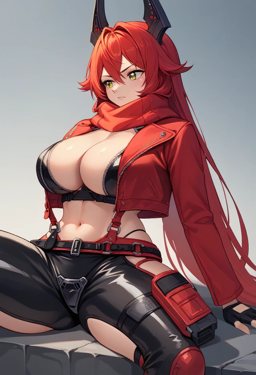 score_9, score_8_up, score_7_up, source_anime BREAK 1girl, solo, nikkeredhood, red hair, long hair, headgear, yellow eyes, red scarf, crop jacket, red jacket, black shrug \(clothing\), navel, midriff, zipper, cleavage, large breasts, fingerless gloves, belt, black pants, asymmetrical legwear, hip vent, sitting, spread legs, thighs