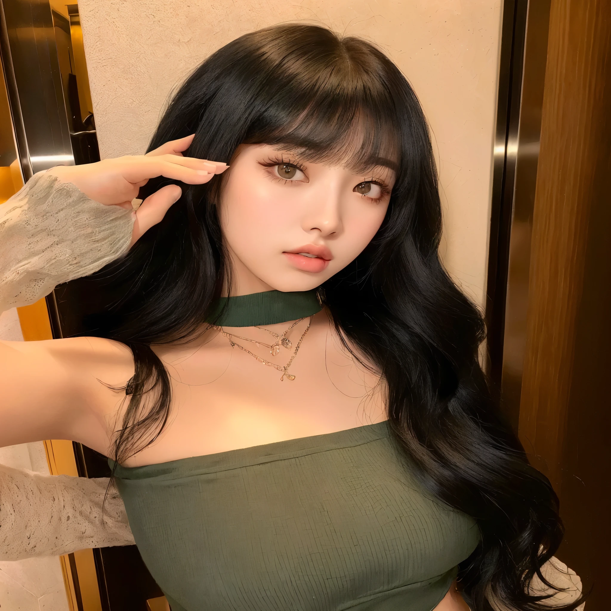 mulher araffe com longos cabelos pretos e uma blusa verde, she has black hair Com franja, long hair com franja completa, long hair Com franja, lalisa manobal, Com franja, com franja completa, jaeyeon nam, Ulzzang, Lalisa Manoban do Blackpink, neat hair Com franja, Sun Yunjoo,  coreana