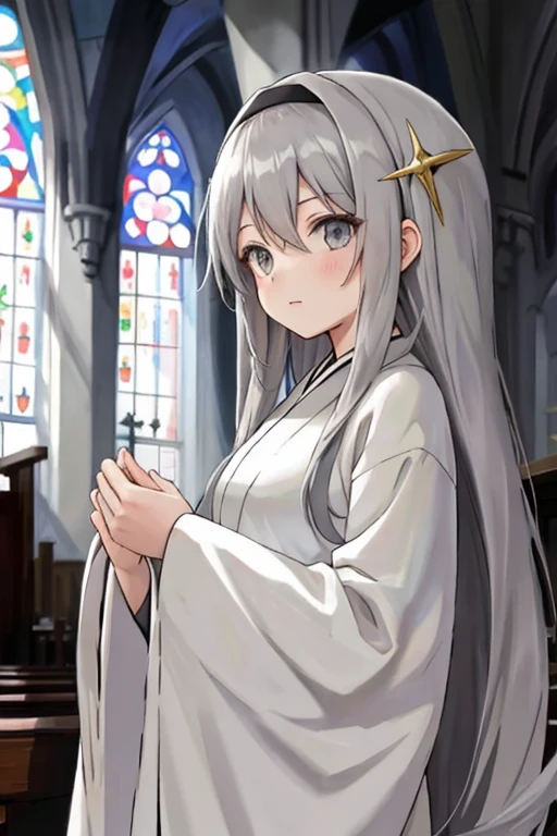 anime girl with long grey hair and grey eyes wearing church robes