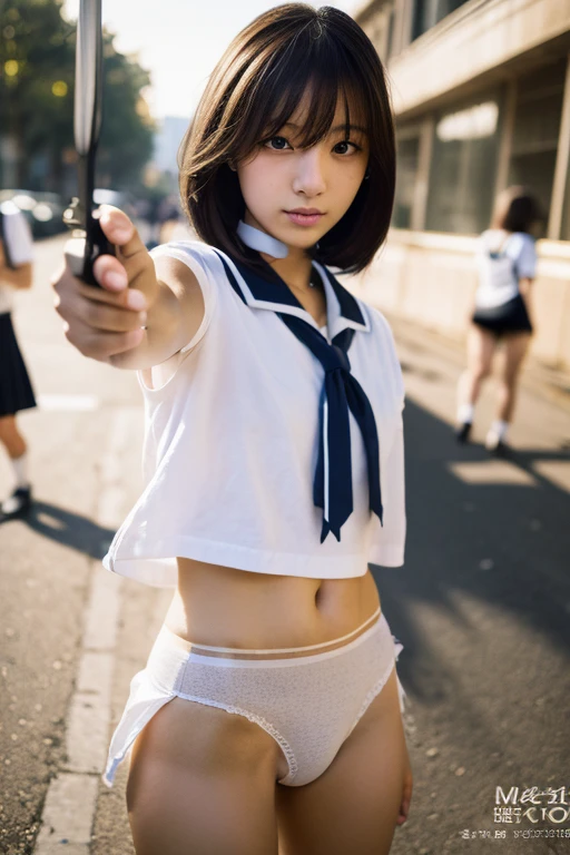 Analog Style, RAWphotograph, photograph, Hyperrealistic, amateur photo shot , Aesthetic artwork, ((Magazine Cover、Large text)), On the city streets, Detailed skin, detailed natural raw light, Very detailedな, Cinematic, highest quality, Super detailed, Very detailed, grain, noise, Heading, stylish, font, Memorable、A boyish and healthy beautiful girl,((Flowing sweat)) Beautiful Eyes, Realistic eyes, Beautiful details in the eyes, (Realistic Skin),Japanese Idols、short hair、(((High school girl)))、choker , (((High school uniform))) , (((small panties))) , (((don't wear skirts))) , (((thong panties))), (((holding a Colt Government, M1911))) , (((pointing the gun towards me)))