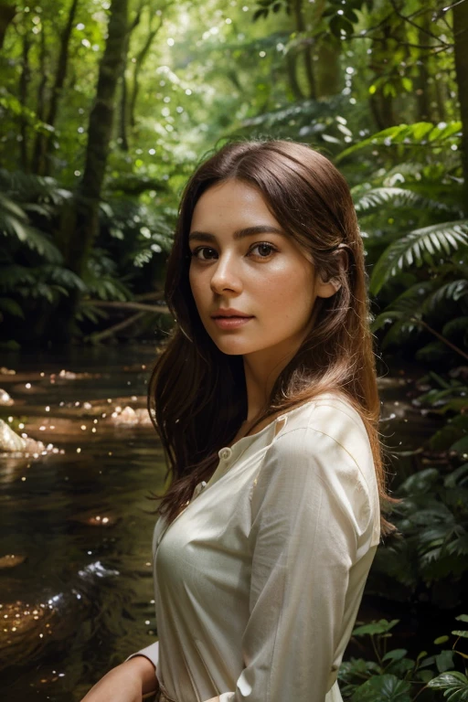 A plump woman with brown hair in a tight-fitting white dress walking with a along a rocky beach of glowing stones, moonlit night, milky way, full-face faces