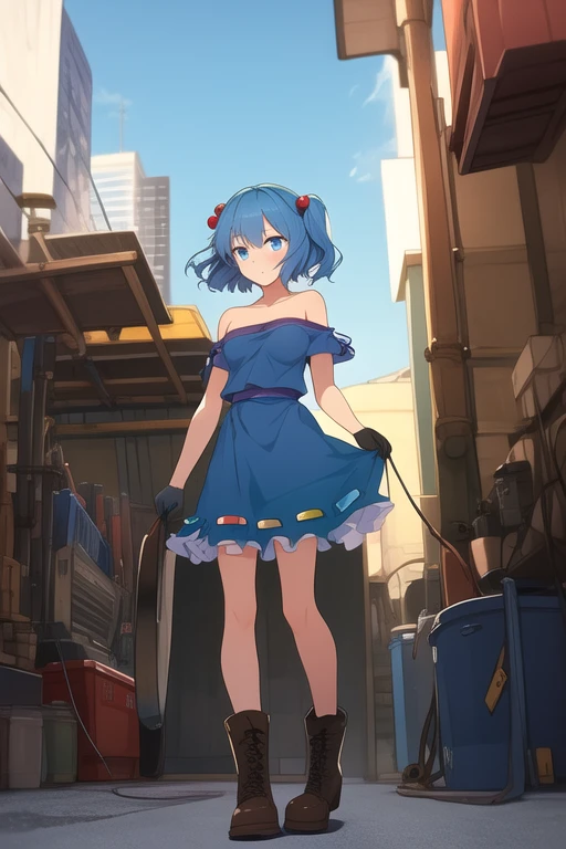 ((best quality)), ((masterpiece)), (detailed), 1girl, Touhou, Nitori Kawashiro, blue eyes, blue hair, blue short tube top, blue female shorts, mechanic gloves, mechanic boots, medium sized breasts, small city background, clear blue sky, wide shot, full body