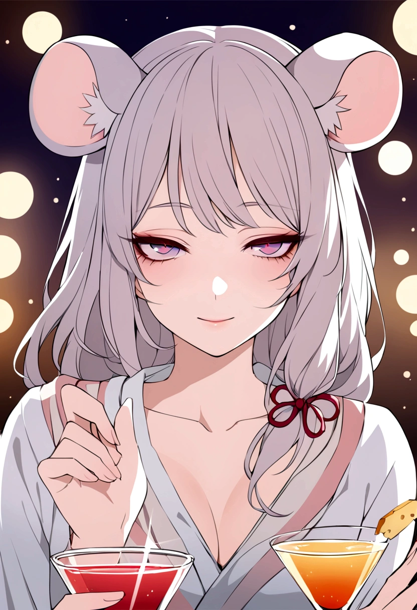 Mucha rough sketch style , Hallucination, daydream , nightmare , Insane Dream , bokeh , erotica , realistic Japanese female mouse , round face , Seductive eyes , (Cleavage:0.5) , realistic long nose , hair tie , Bar, Cocktails , cheese , (relax Clothes)