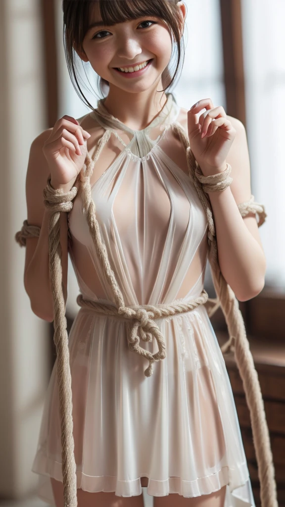 An all-fed woman in a white shirt tied to a pole, wrapped in a harness, rope bondage, leather straps, body harness, harness, garter, tied shibali, harness, wire and bandage, strangled with rope and whole body. Front view, sword tied to the back, webbing, full scene shot, background inside the hospital as imaged