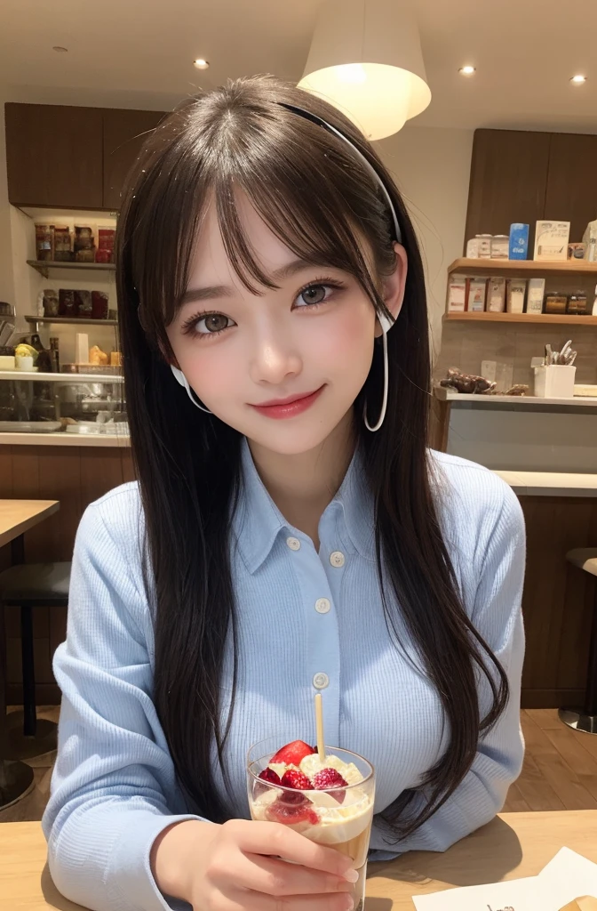 masutepiece, Best Quality, Illustration, Ultra-detailed, finely detail, hight resolution, 8K , Perfect dynamic composition, 1 beautiful girl staff, Beautiful detailed eyes, (looking at the parfait), wearing girly blue staff uniform, wearing headset, Medium Hair, normal breasts, Natural Color Lip, Random Poses, Smile, open mouth:1.2, Snazzy cafe, 20 years girl, sit, a chocolate parfait in vertically elongated glass on the table,