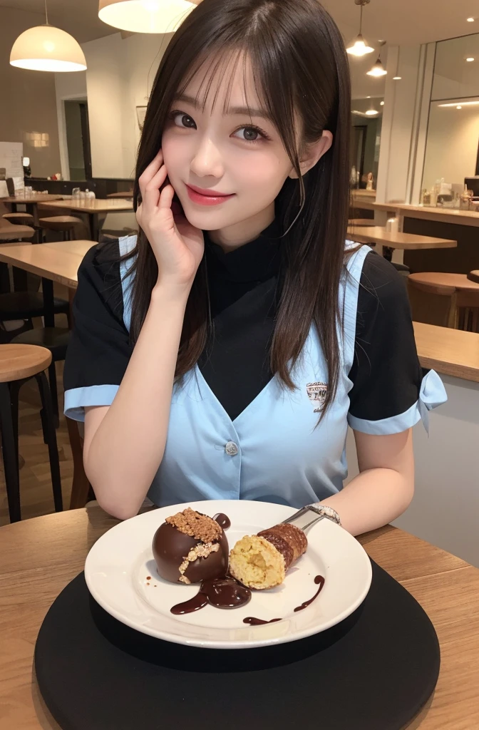 masutepiece, Best Quality, Illustration, Ultra-detailed, finely detail, hight resolution, 8K , Perfect dynamic composition, 1 beautiful girl staff, Beautiful detailed eyes, (looking at the parfait), wearing girly blue staff uniform, wearing headset, Medium Hair, normal breasts, Natural Color Lip, Random Poses, Smile, open mouth:1.2, Snazzy cafe, 20 years girl, sit, a chocolate parfait in vertically elongated glass on the table,