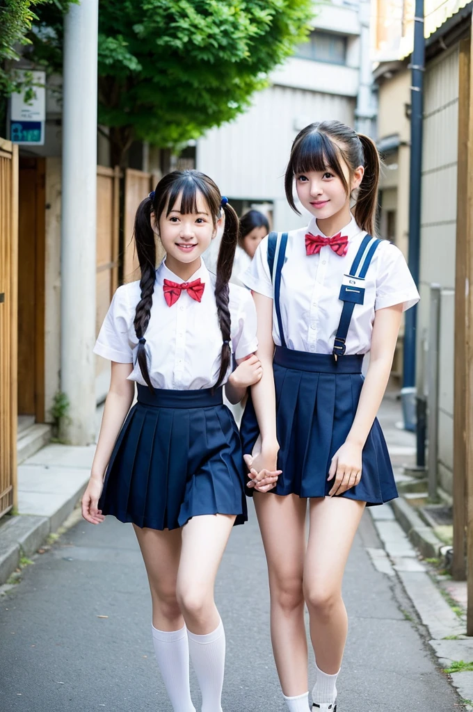 2 girls walking in Japanese street,short-sleeved white sailor leotard with navy blue frills,red bow tie,school bags,18-year-old,bangs,a little smile,large bare thighs,knees,legs apart,short hair with low pigtails,from before,front light