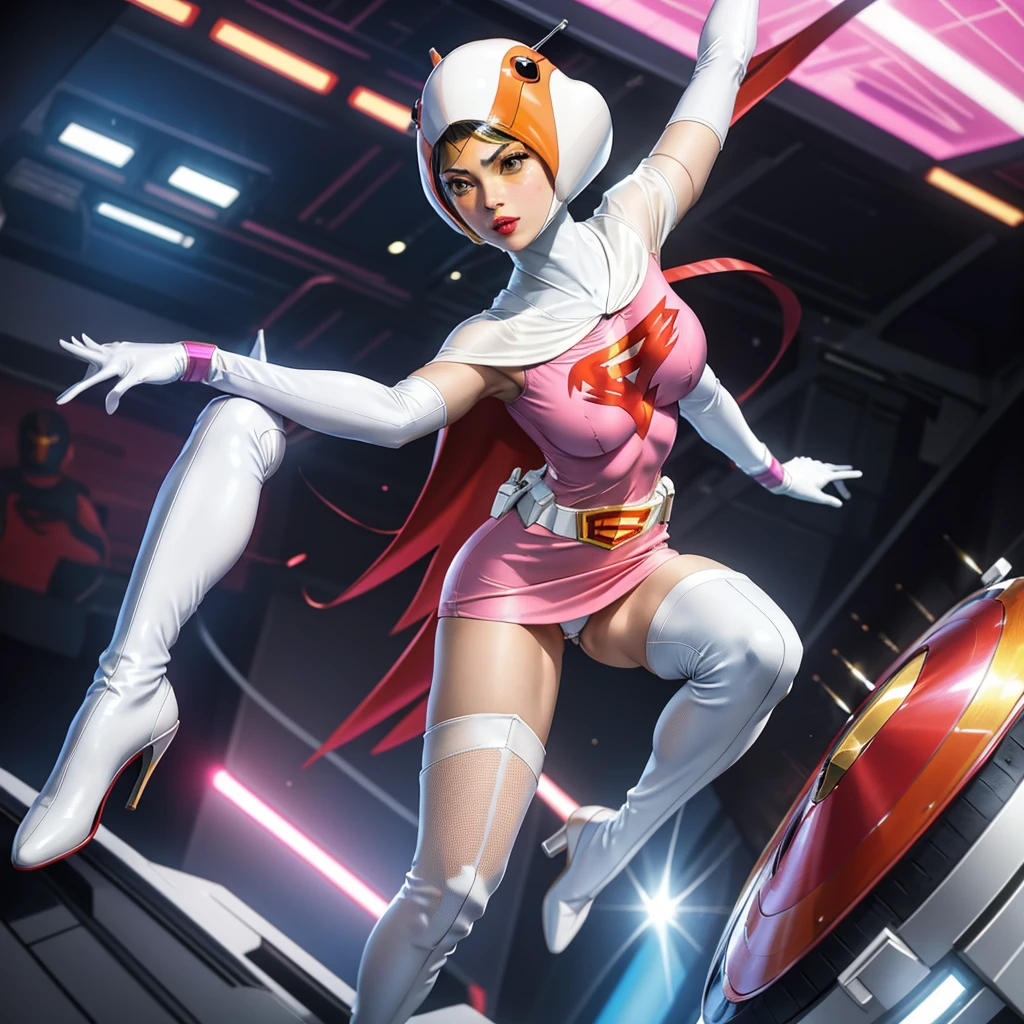 ANI_CLASSIC_jun_gatchaman_ownwaifu,1girl, yo,good anatomy, masterpiece, best quality,realistic, hyper realistic, 16k hdr, long hair,breasts,lips,large breasts,lipstick,makeup,gloves,cape,helmet,belt,elbow gloves,white gloves,mask,ultra miniskirt,leotard,spacesuit,white tight overknee highheels boots,pink dress,superhero,bodysuit,cleavage,erected nipples,(kick ass poses),cameltoe