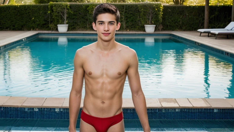 ((ultra quality)), ((masterpiece)), (ultra detailed), 16 year old young man, twink, skinny, shirtless, emaciated, black short hair, blue eyes, red lips, light swim briefs, skin tight swim briefs, see through swim briefs, thin legs, kissing, hugging, standing in front of the hot indoor pool, sweating, relaxing, cute, belly visible, feet visible, toes touching the ground, 8k, large image, full screen, complete view, feet visible, front view, big belly clearly visible
