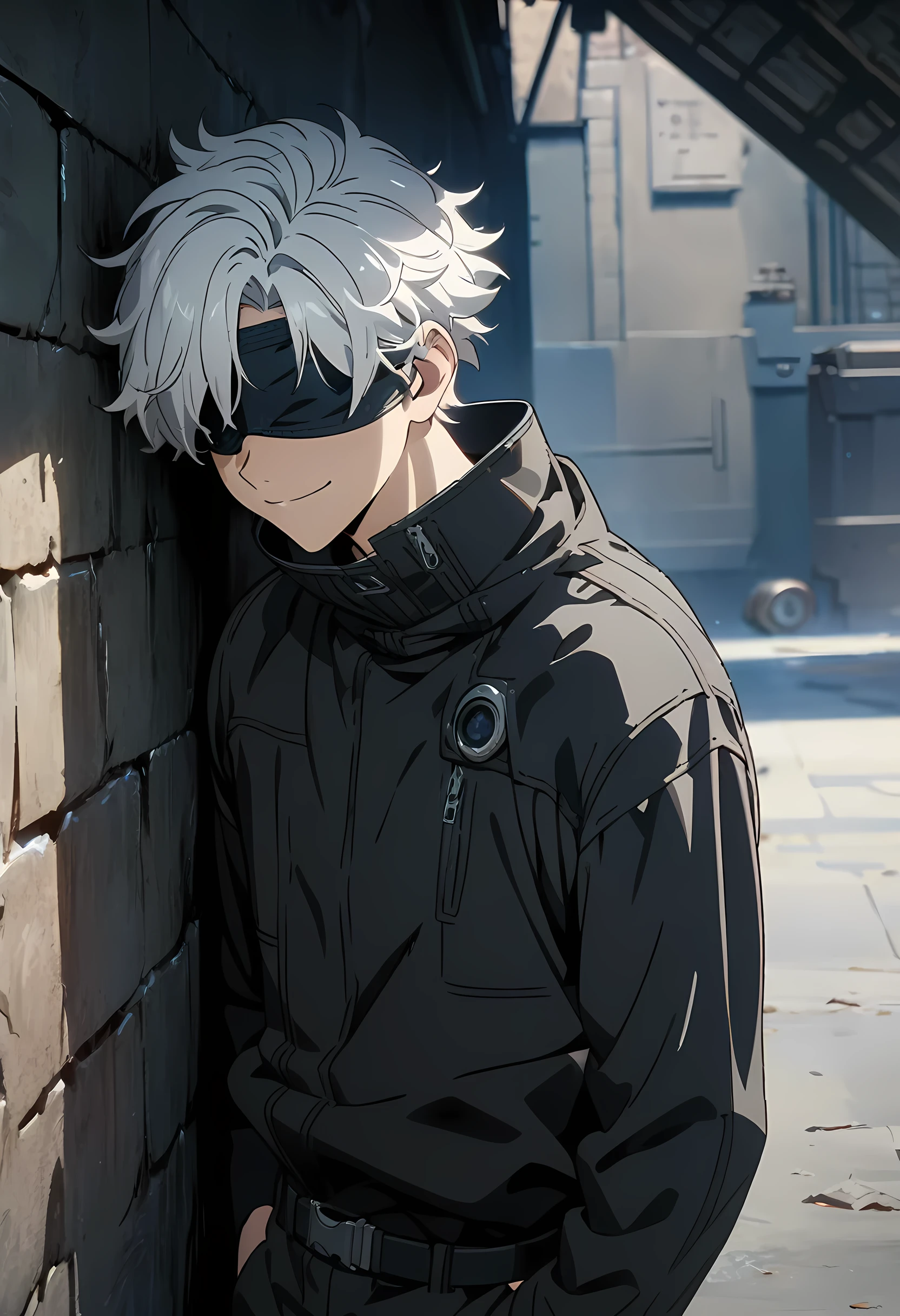 Masterpiece, Best Quality, High Resolution, Detailed, 8K, Official Art, Anime Style, Portrait, 1 Boy, solo,Short Hair, White Hair, Blindfolded Eyes, High Collar, Black Jacket, Black Pants, Standing, Hands in BACK, Leaning against the wall,Smiling Face With Camera