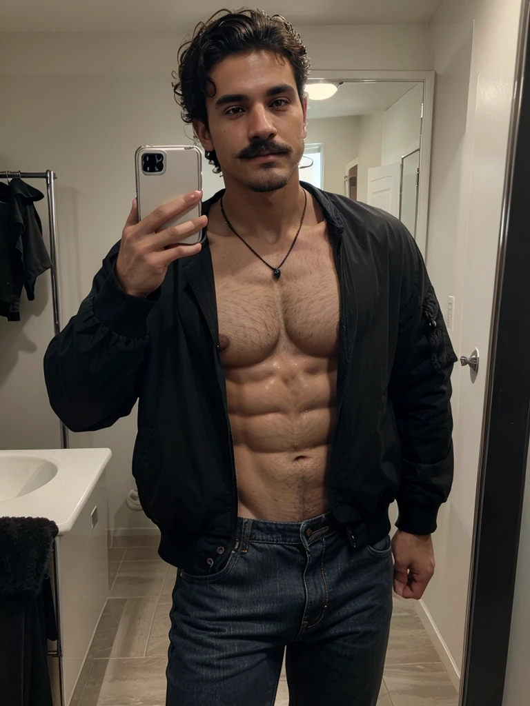 Handsome man , light mustache, hot muscular body , medium curly hair , mirror selfie, best quality like its taken by iPhone 12 , wearing black baggy jeans and black jacket