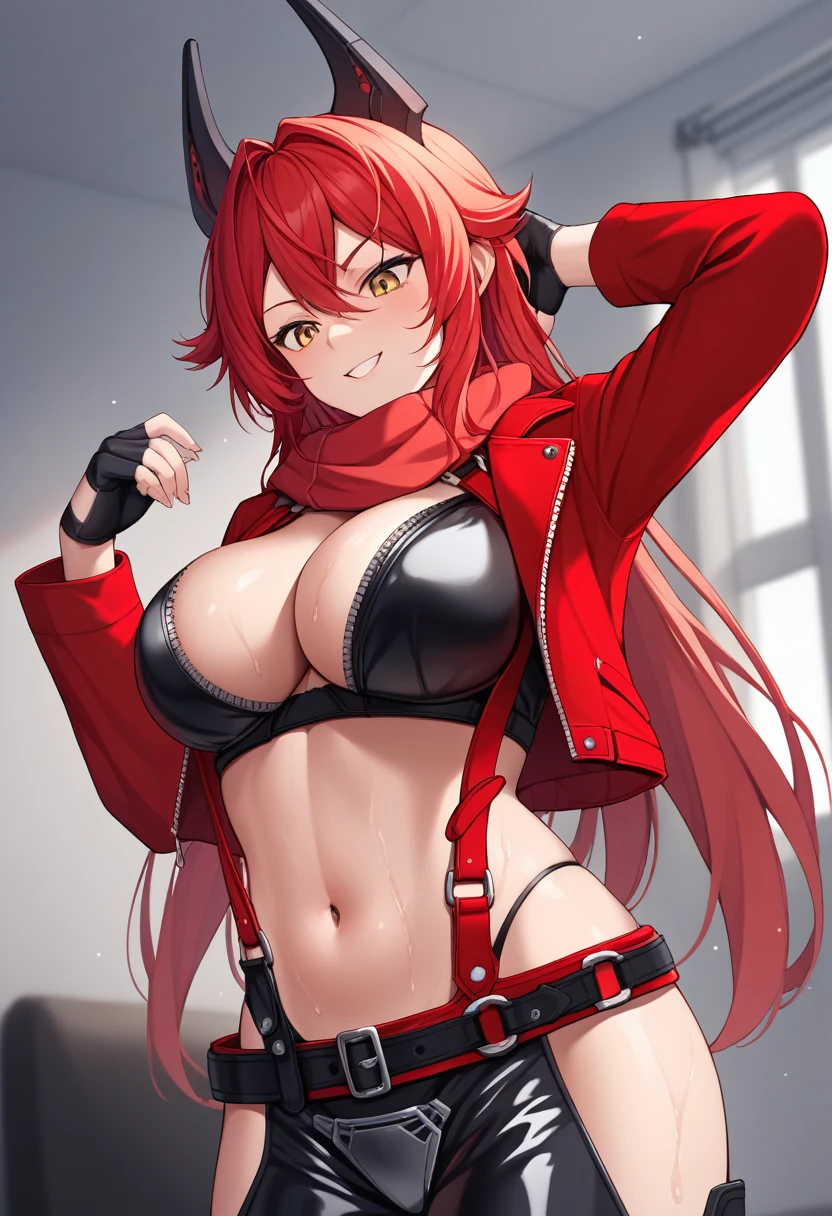 score_9, score_8_up, score_7_up, source_anime, illustration, BREAK 1girl, solo,(close up breasts:1.4),armpits,wet skin,nikkeredhood, red hair, long hair, headgear, yellow eyes, red scarf, crop jacket, red jacket, black shrug \(clothing\), navel, midriff, zipper, cleavage, large breasts, suspenders, fingerless gloves, belt, room, indoors, looking down,