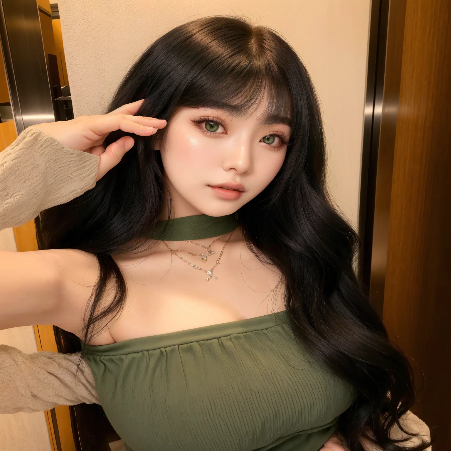 um close up de uma mulher com longos cabelos pretos usando um top verde, linda jovem coreana, Ulzzang, linda jovem coreana, ela tem cabelo preto com franja, linda mulher sul-coreana, female korean idol portrait, coreana, cabelo longo e escuro com franja, cabelo preto longo com franja, young lovely korean face, cabelo longo com franja completa