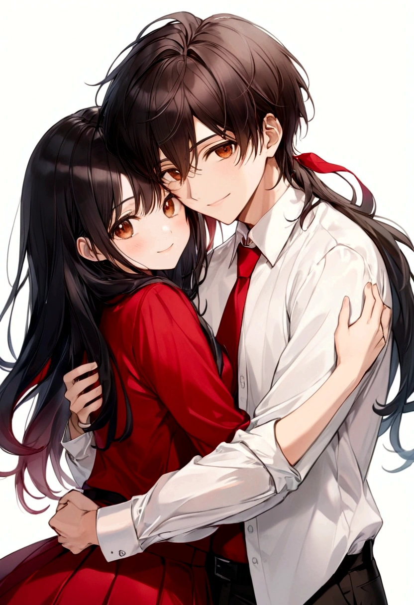 Draw a 19-year-old girl with long black hair., Brown eyes, piel medio morena,white shirt with red tie and red skirt hugging her 19-year-old black-haired brother, Brown eyes, piel medio morena, white shirt with red tie and black pants, that they are both smiling