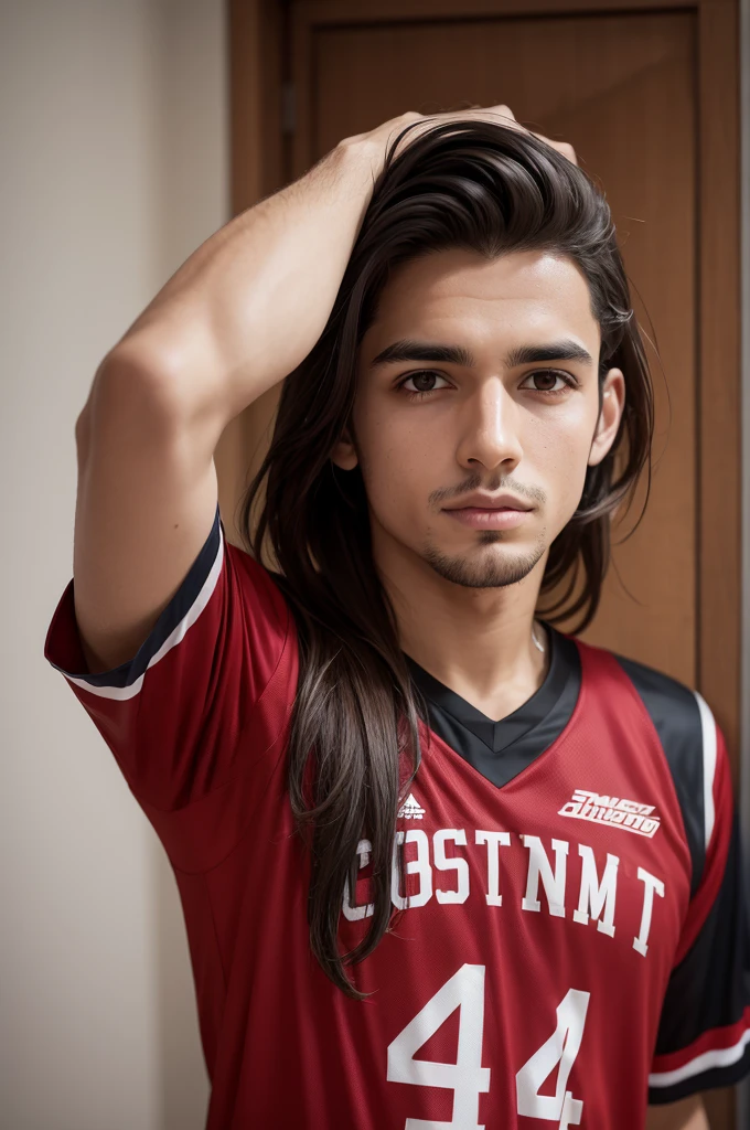 Um garoto de cabelo vermelho de costas, with a basketball team jersey with a number 34