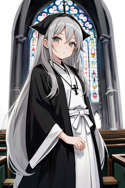 anime girl with long grey hair and grey eyes wearing black and white church robes