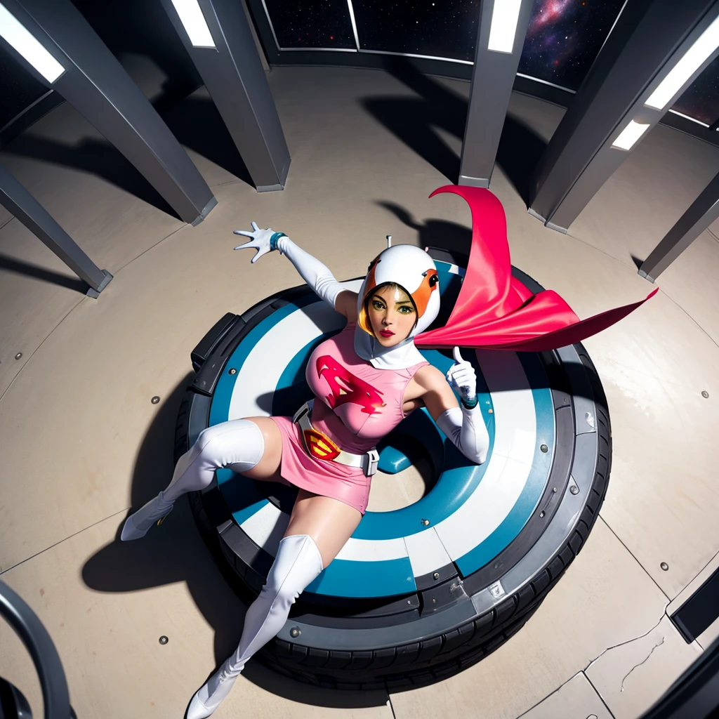 ANI_CLASSIC_jun_gatchaman_ownwaifu,1girl, ,good anatomy, masterpiece, best quality,realistic, hyperrealistic, 16k hdr, long hair,breasts,green eyes,lips,large breasts,lipstick,makeup,gloves,cape,helmet,belt,elbow gloves,white gloves,mask,ultra miniskirt,leotard,spacesuit,white tight overknee highheels boots,pink dress,superhero,bodysuit,cleavage,erected nipples,(sexy pose,view from above),(spread legs:1.1),cameltoe